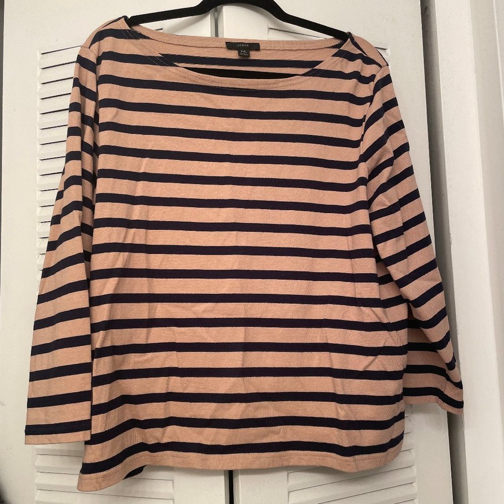 Tan and Navy J.Crew Long Sleeved Striped Shirt